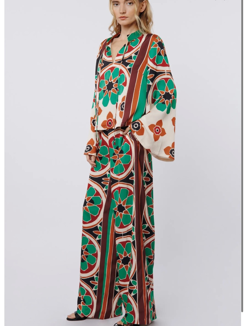 Bohemian Wide-Leg Jumpsuit in Green and Cream